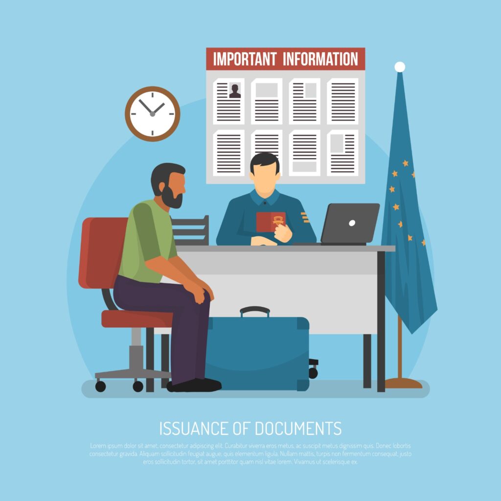this is te illustration a passort officer questioning a person