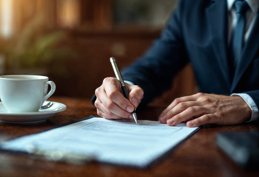a laywer is writing on a documents