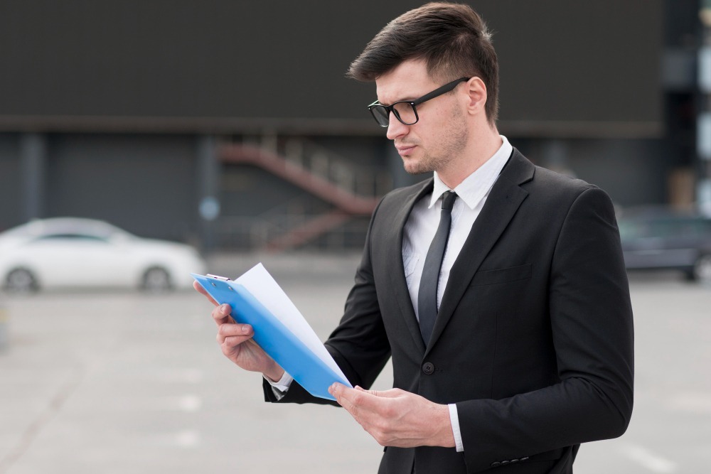 A lawyer reviewing case files.