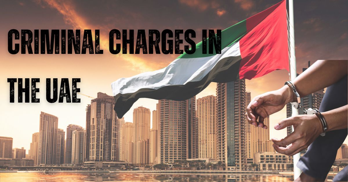 the background is uae flag and it rewriiten criminal charges in the uae in it