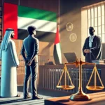 A courtroom with an accused person standing before a judge accompanied by a lawyer