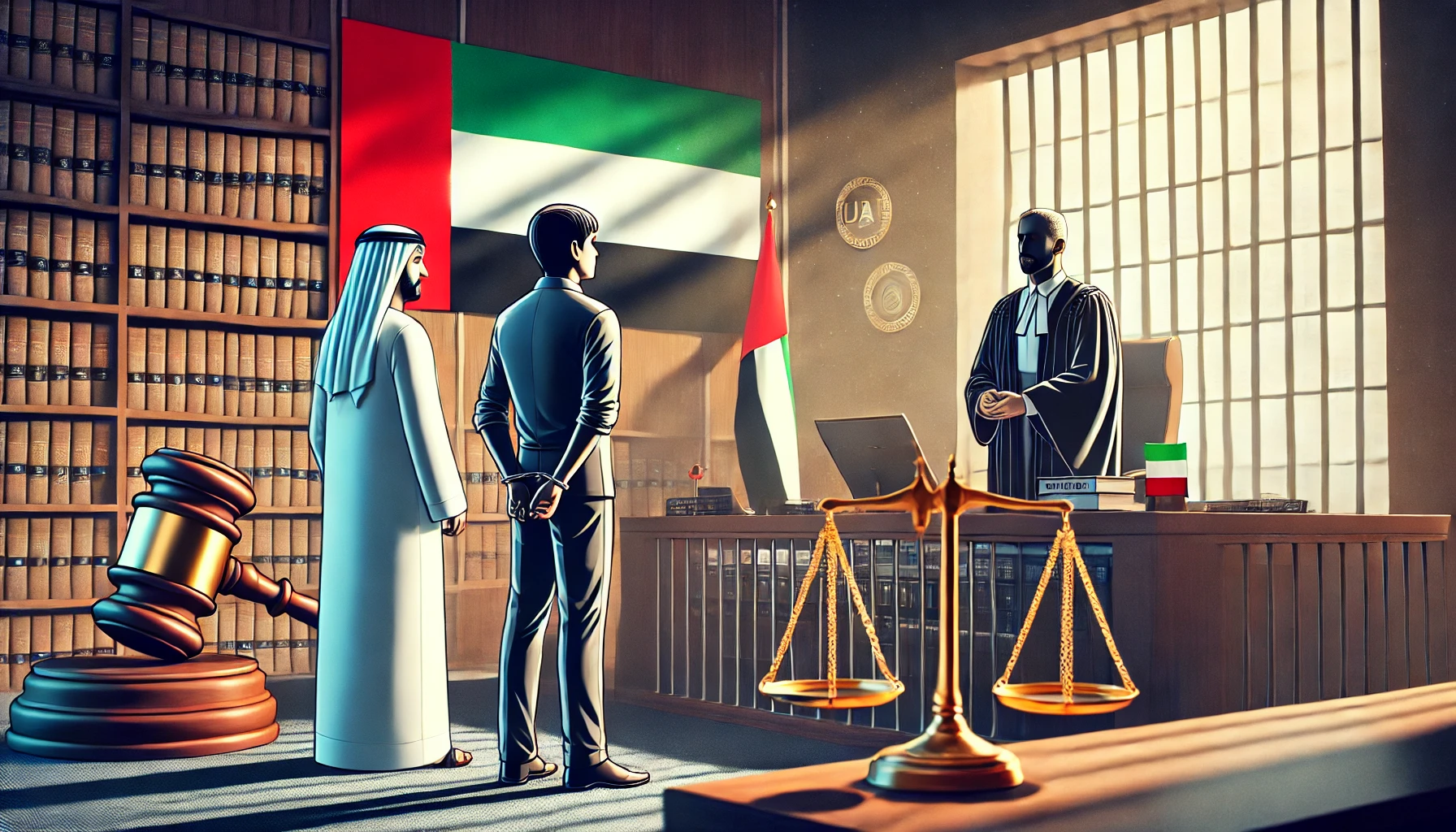 A courtroom with an accused person standing before a judge accompanied by a lawyer
