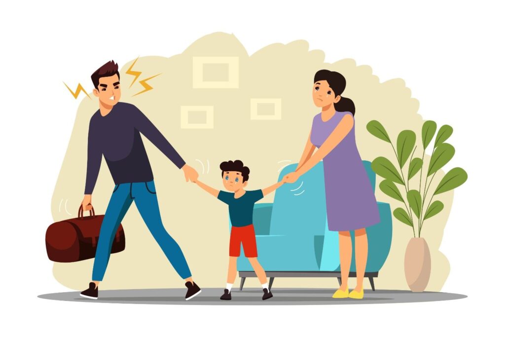 Angry man leaving family after conflict woman and man quarreling father leaves thinking of divorce child suffering wife crying